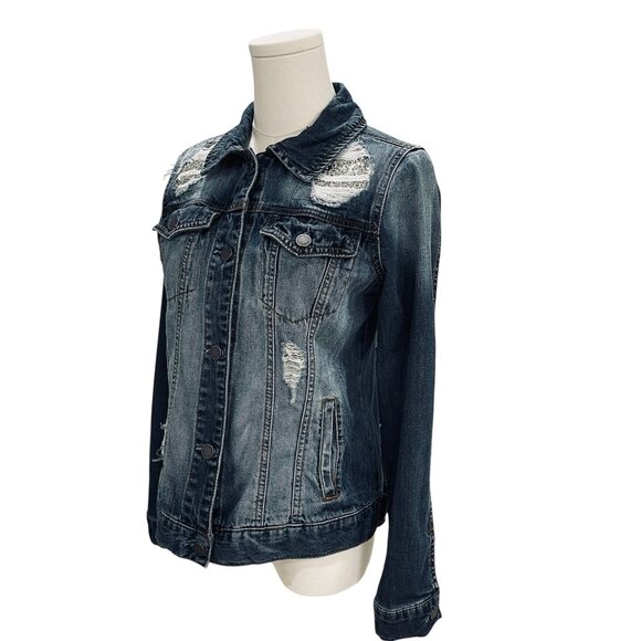 Juicy Couture XS Rhinestone Distressed Denim Jacket Y2K Bling Glam Grunge - Picture 6 of 13